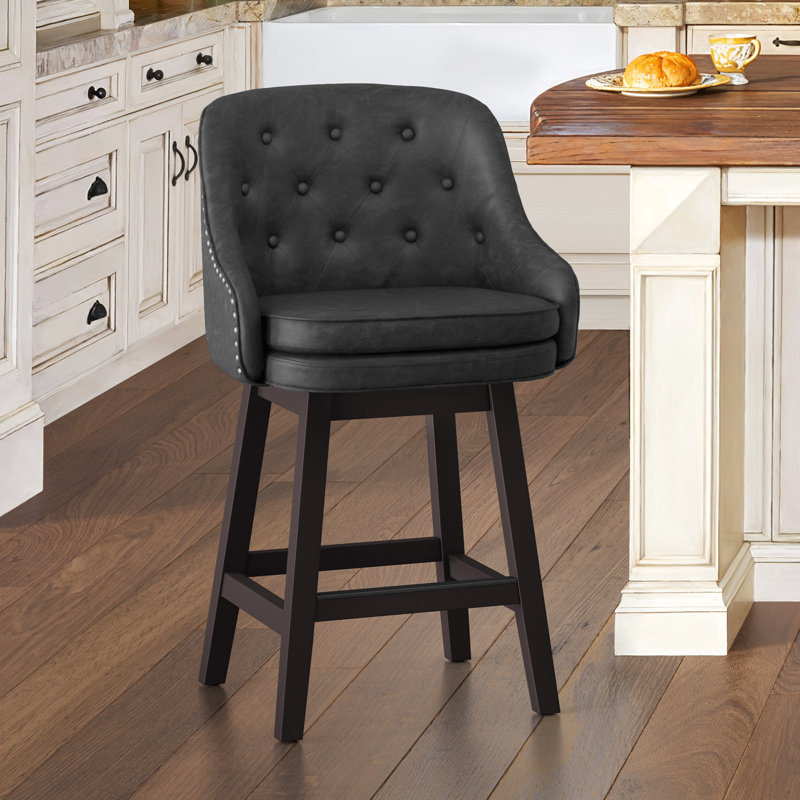 Chela Upholstered Button-Tufted Barstool with Solid Wood Frame, Dappled Black Seat/Espresso Frame 