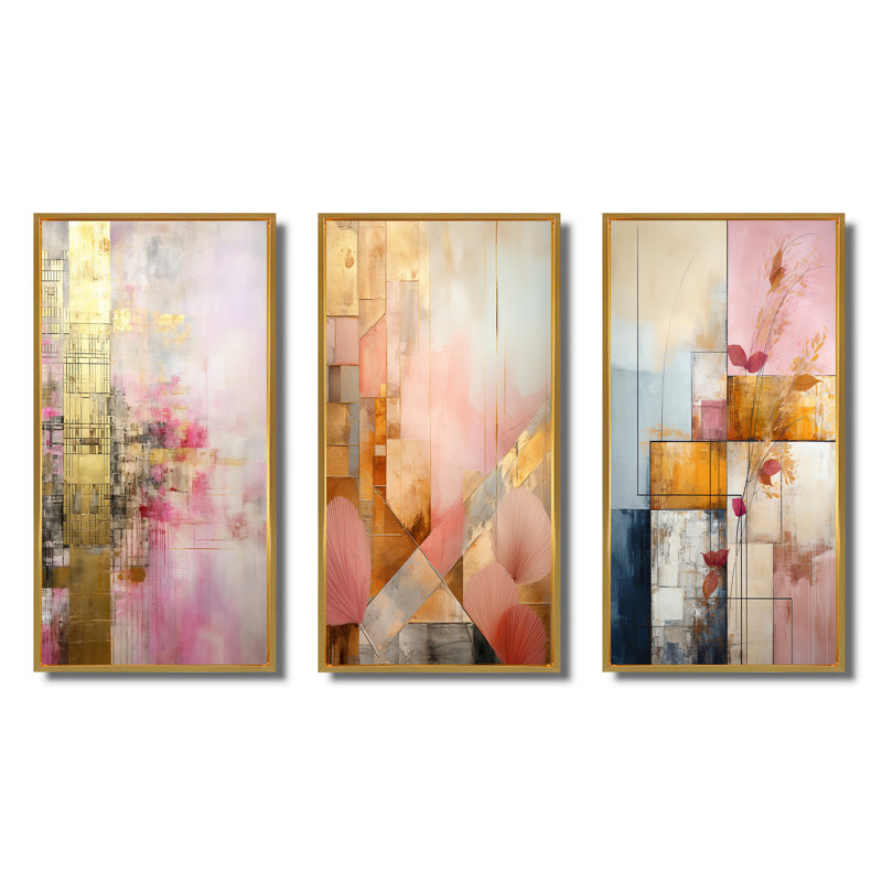 «Allure Boho Chic In Vintage Pink Gold», 3 pièces sur toile, Cadre flottant doré, H 28 po x l 36 po