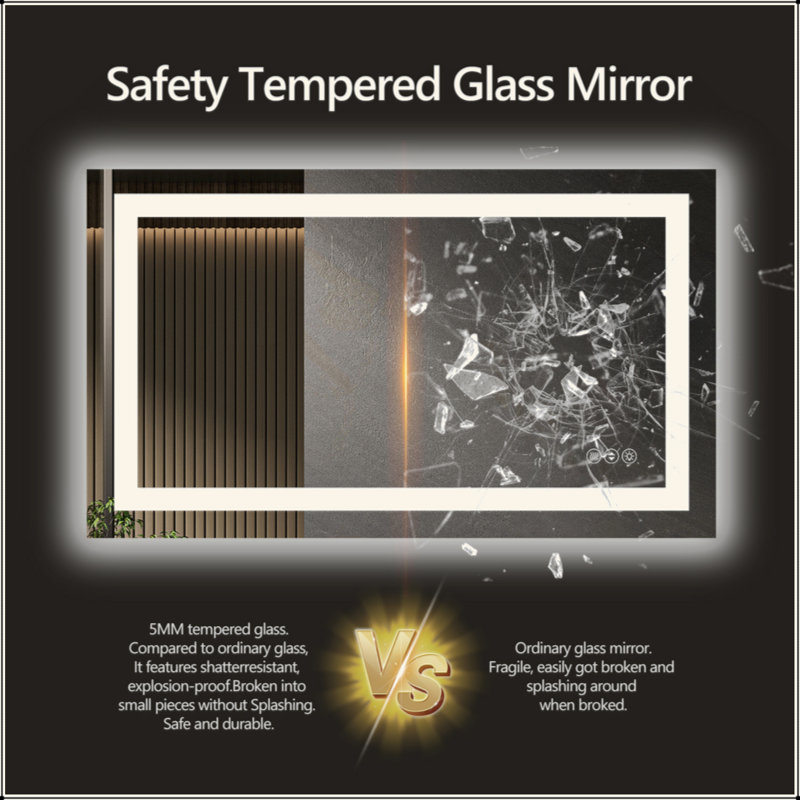 Miroir de salle de bain sans cadre à DEL avec éclairage à intensité variable et conception antibuée et sécuritaire pour les salles de bain modernes