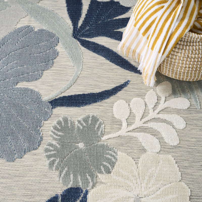 Megan 7'10" x 9'10" Grey Navy Tropical Rug, Navy, Rectangle 7'10" x 9'10"