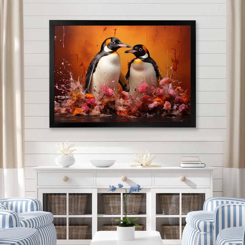 Flower Couple Penguins World, Cadre photo noir simple, H 16 po x l 32 po x P 1 po