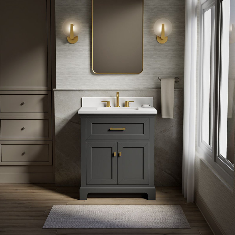 Charlemont 30 In. Bathroom Vanity Cabinet With Sink And Quartz Top, Brushed Brass, Dark Warm Gray, 30"