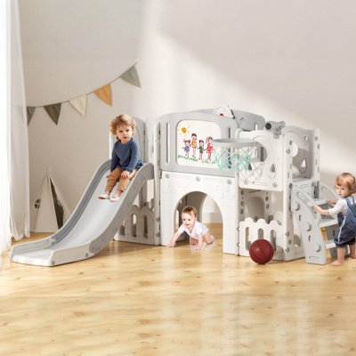9 In 1 L-shape Toddler Slide For Kids 1-3 Indoor Outdoor Playset with Drawing Board Basketball Hoop