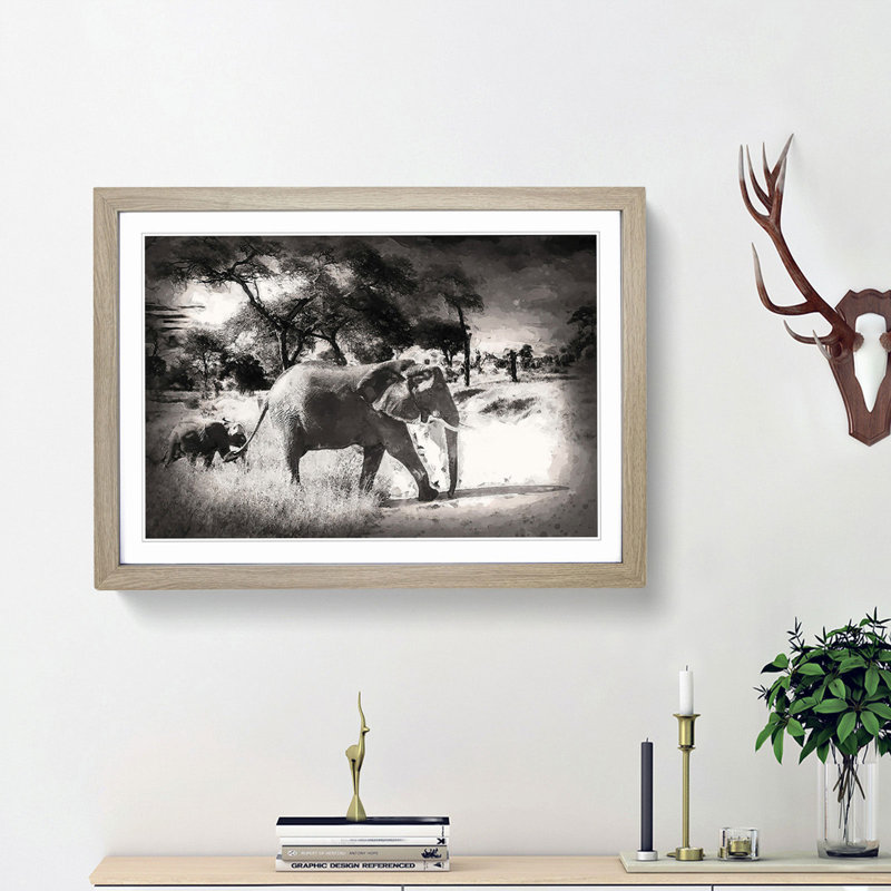 Mother and Baby Elephant Strolling in Abstract - Picture Frame Painting Print on MDF, Oak Framed, 36cm H x 48cm W x 2cm D