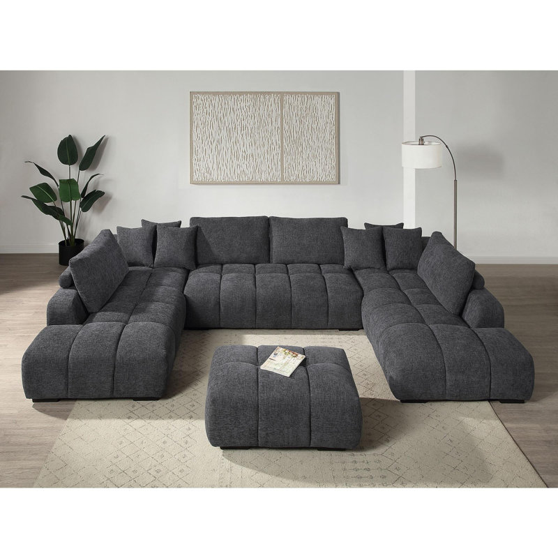 Canapé modulaire en chenille avec coussins décoratifs et 2 repose-pieds