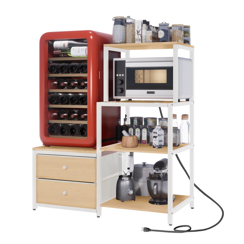 Mini support de réfrigérateur avec rangement, micro-ondes et mini support de réfrigérateur avec prise de courant, café, boulanger de cuisine, pour dortoir, bureau (chêne)