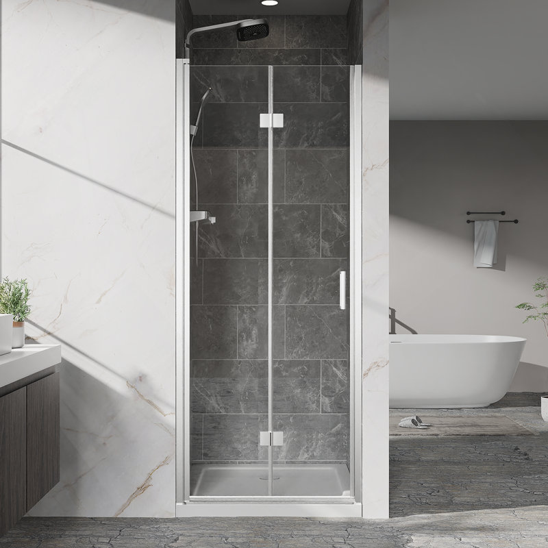 Pivot Shower Doors, 32" W x 72" H Frameless Bi-fold Swing Shower Door,1/4" (6mm) Clear Tempered Glass, Chrome Finish Hardware, Reversible Installation