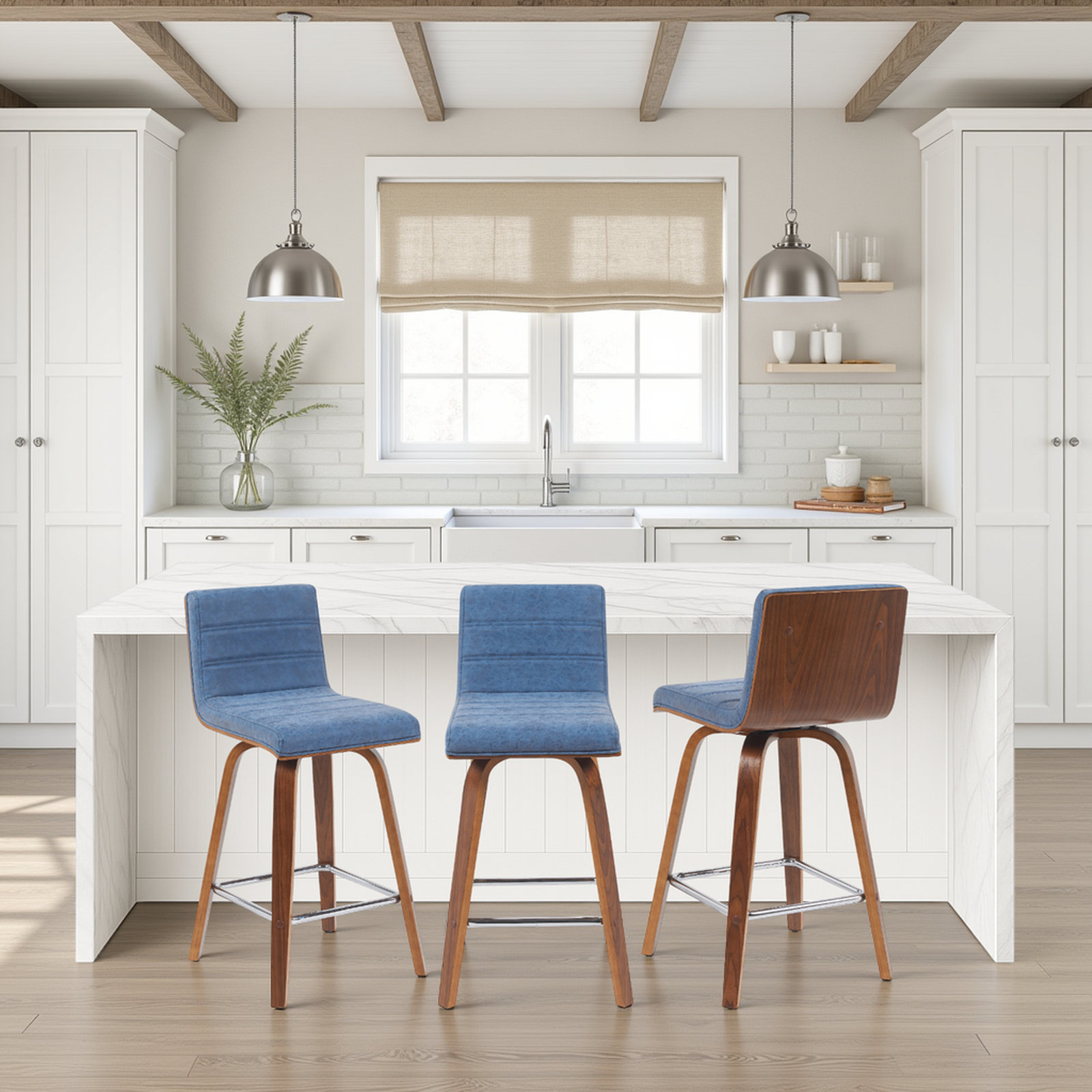 Biance Solid Wood Swivel Bar & Counter Stool, Counter Stool (26" Seat Height), Walnut, Vintage Blue Performance Faux Leather
