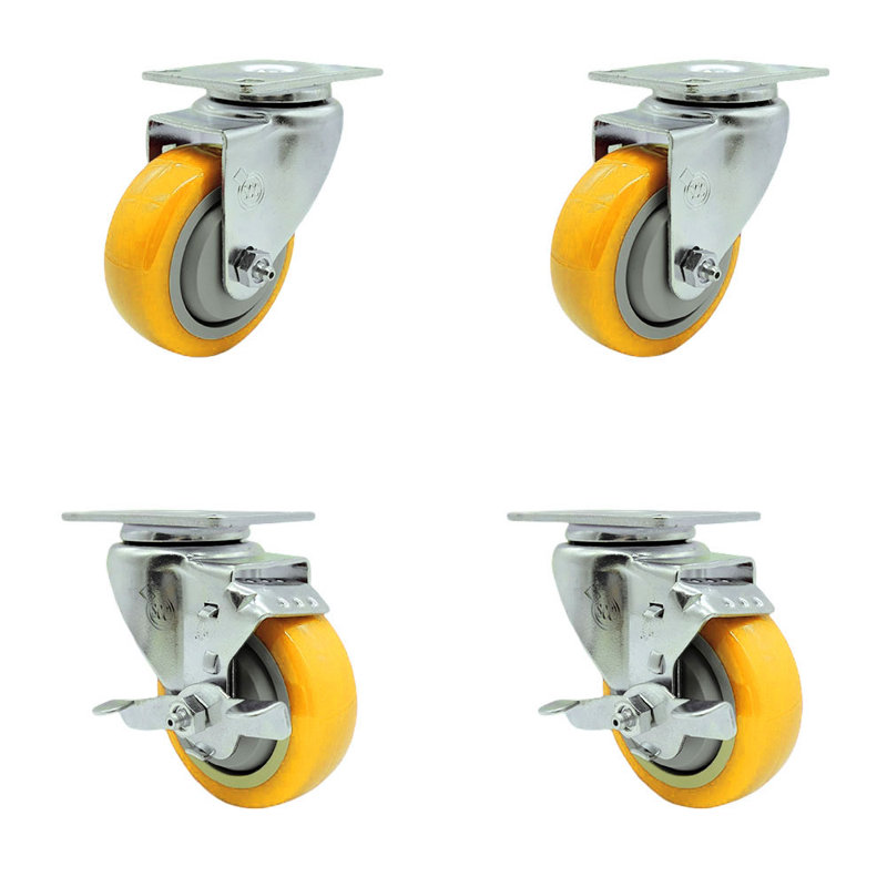 Ensemble de roulettes 3,5 pouces en polyuréthane pivotant 3,5 pouces avec 2 roulettes SCC, Jaune