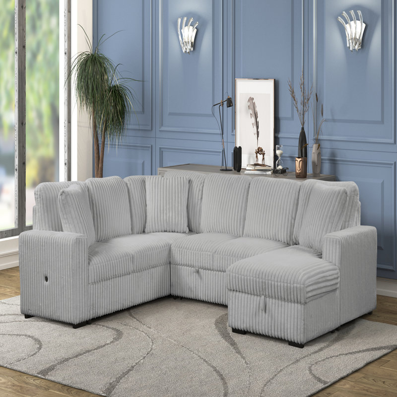 Canapé modulaire de style moderne Grande avec USB-C, fonction de lit et rangement en bois, Velours gris velours