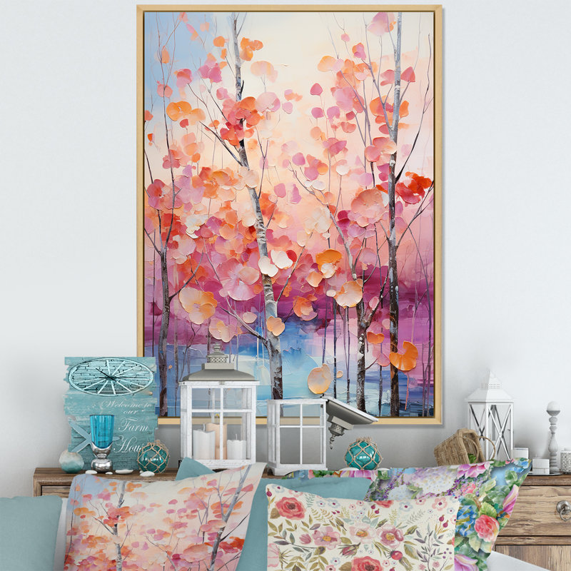 «Pink and Blue Trees Field Pointillism IV», art mural sur toile Cottage, H 20 po x l 12 po x P 1 po, Cadre naturel flottant