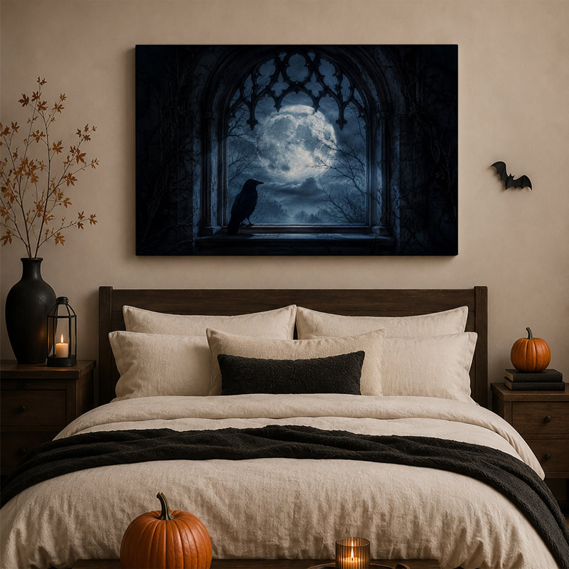 Toile noire sur fond de fenêtre arquée gothique regardant Halloween, H 32 po x l 48 po