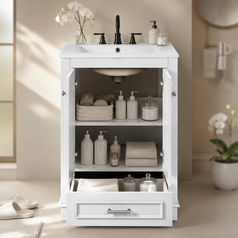 Ensemble de meuble-lavabo 24 po avec lavabo en céramique, armoire de rangement autoportante moderne avec poignées, portes à fermeture douce