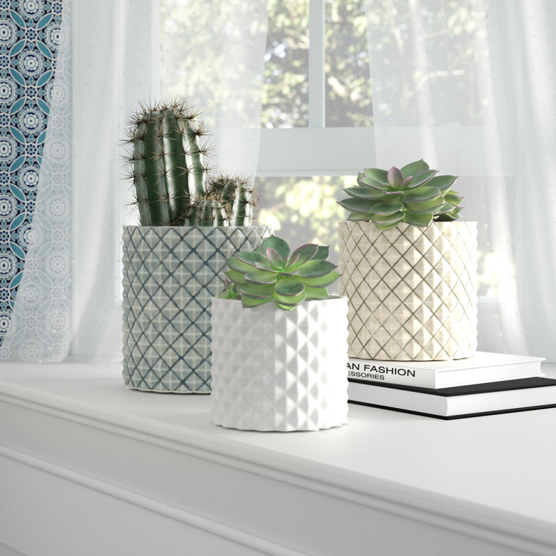 Ensemble de pots à fleurs en céramique 3 pièces Fontanez, Bleu / Beige / Blanc