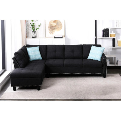 Left Hand Facing 2 - Piece 98" & Chaise, Charcoal Grey Linen Blend, Round Arm And Design, Nailhead Trim, Foam Filled Cushions, Removable Backs, Seats Five For Relaxed Living Wide Comfort, Home