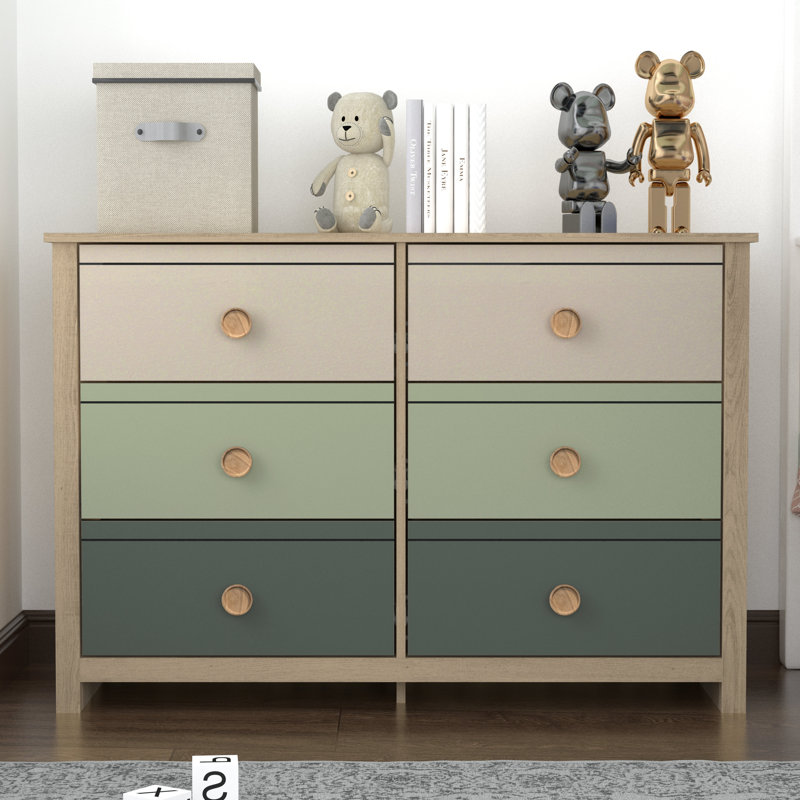 Bustillo 46.1'' W kids 6 -Drawer Dresser, Oslo Oak/Parchment/Sage Green/Kale Green