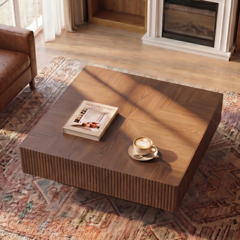  Table basse 31 po carrée en bois massif avec deux tiroirs de rangement, Brun, H 13,67 po x L 31,5 po x l 31,5 po