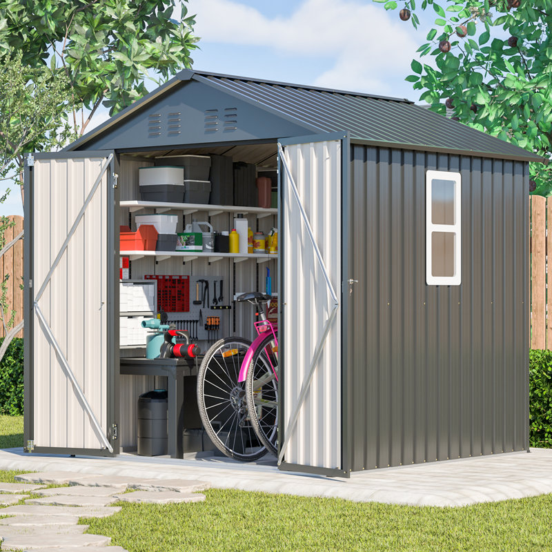 Remise de rangement pour outils de jardin en métal 6 po x 6 pi avec portes verrouillables, fenêtres et cadre pour jardin