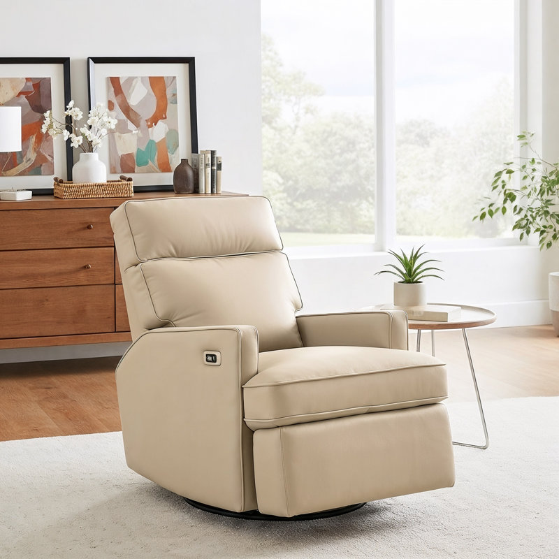 Fauteuil inclinable électrique pivotant et berçant de 29 po de large en cuir pleine fleur avec ports USB-A et USB-C, Beige