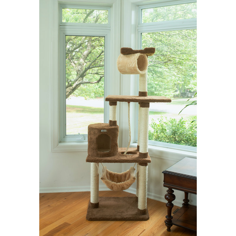 Tan Freestanding Cat Tree with Sisal Scratch Posts and Hammock