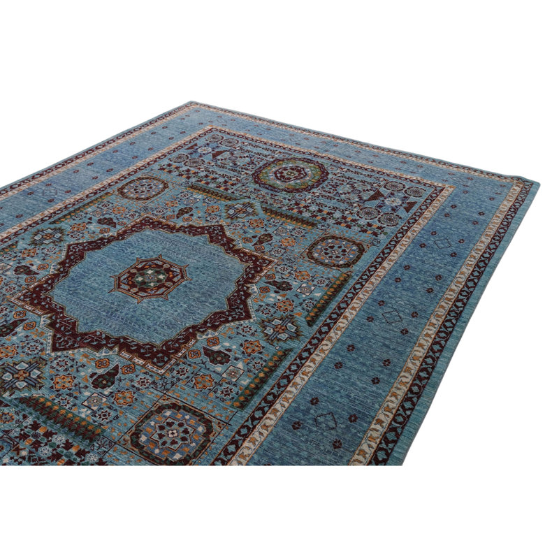 Hand Knotted Wool Area Rug in Turquoise