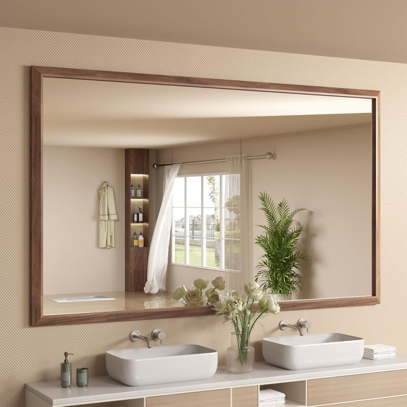 Miroir de salle de bain en verre trempé épais de haute qualité, Bois brun foncé, 60 po x 36 po
