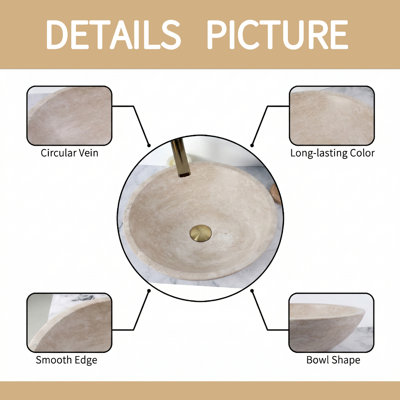 17 Inch Travertine Stone Bathroom Round Vessel Sink, Bowl Basin