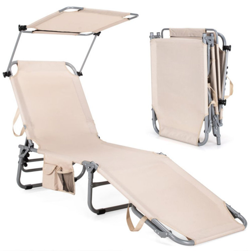 Fauteuil inclinable d'extérieur réglable à 5 positions avec abat-jour, Beige/Argenté