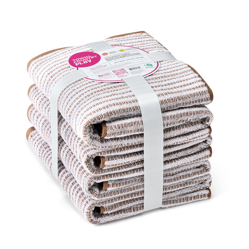 TOWN & COUNTRY PLAY 4-Piece Striped Reversible Terry Brights Bath Towel Set, 30x58-Inch, 100% BCI Cotton, Mocha Brown