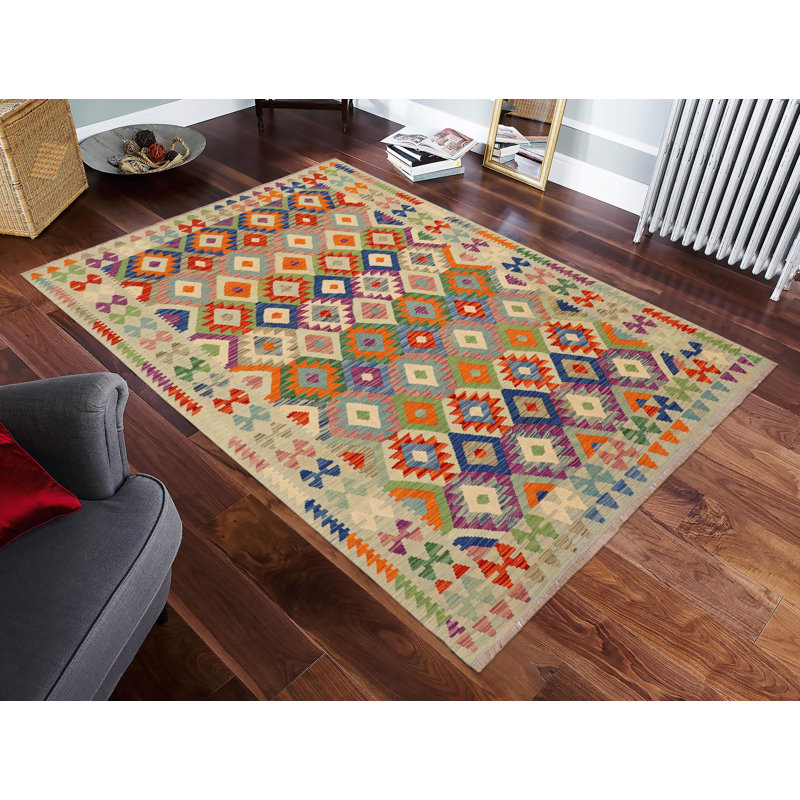 Tapis bleu / beige / vert en laine à motif géométrique rectangulaire tissé à plat Ritvik