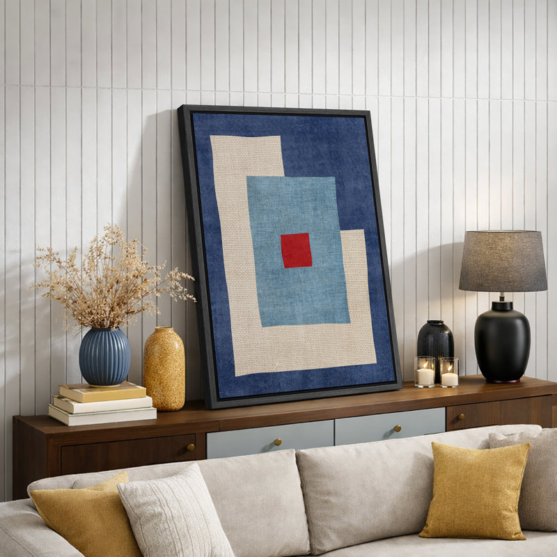 Abstract Vibrant Color Blocks "Mid-Century Blue Shapes Artwork, Geometric Illustration Modern Minimalist Wall Pictures, Large Framed Canvas Giclee Print Wall Art"
