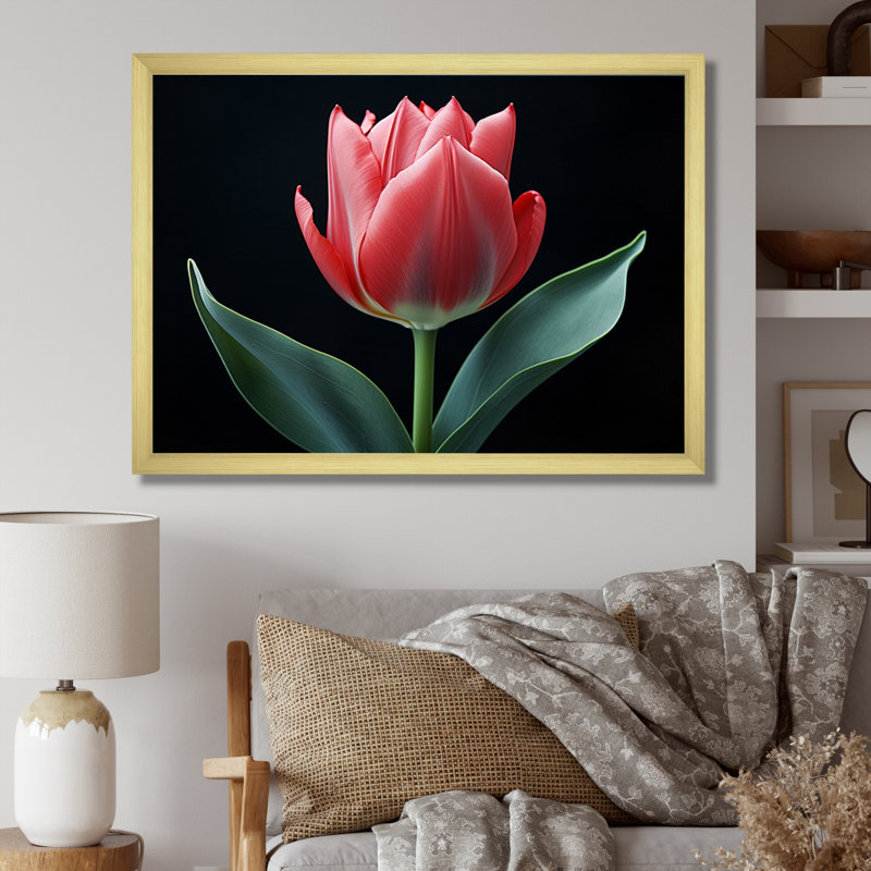 Jincy - rose, fleurs vertes, printemps - impression, H 34 po x l 44 po x P 1,5 po, Cadre doré simple