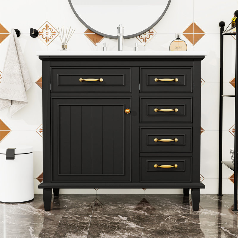 Meuble-lavabo de salle de bain avec lavabo, tiroirs rabattables et tablette réglable, Noir