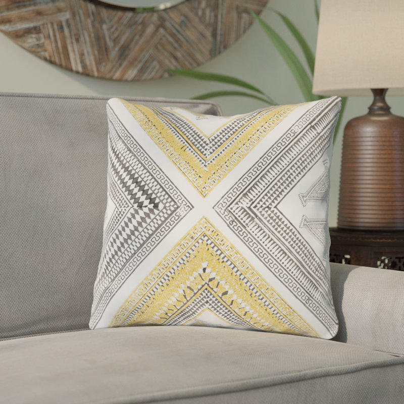 Coussin décoratif en coton, H 20 po x l 20 po, Jaune vif / brun foncé / blanc, Polyester