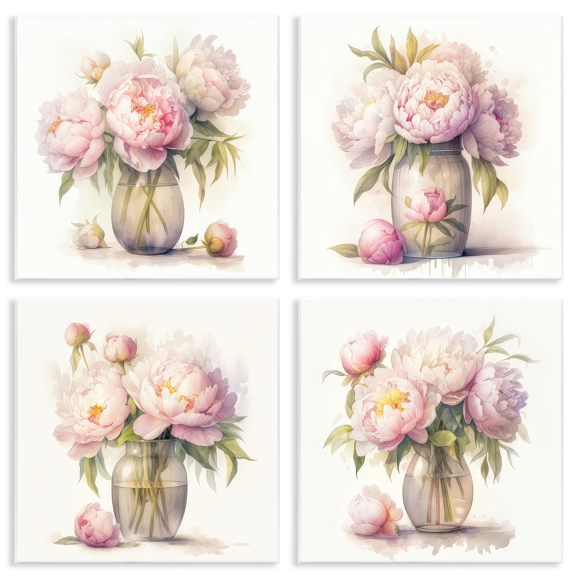Peonies Flowers Wall Art Set of 3. Pink and Green Decor