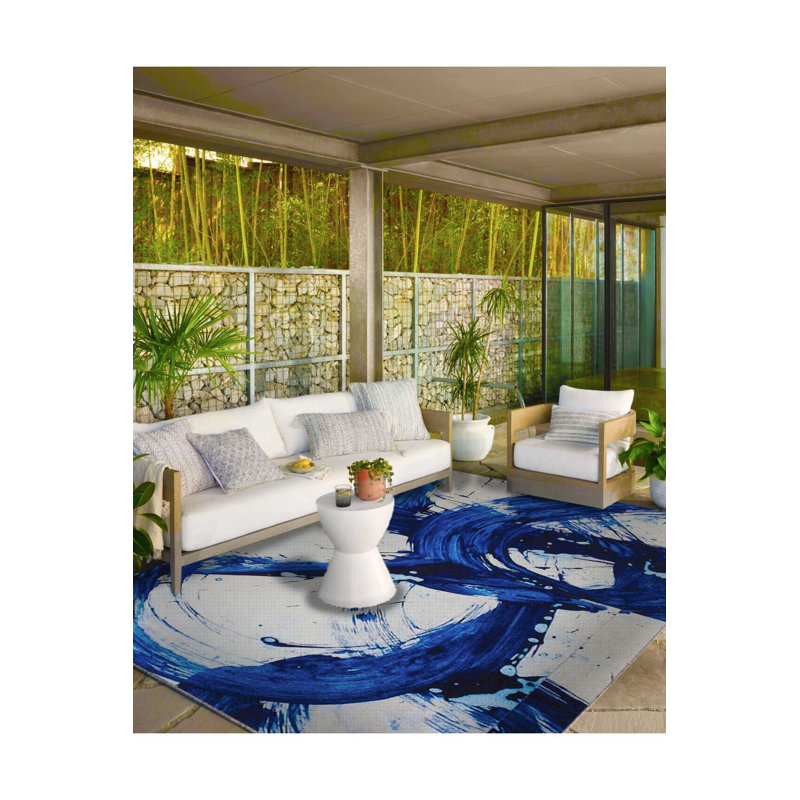 Tapis bleu abstrait à motifs tissés, Sous-tapis rectangulaire de 3 pi 3 po x 4 pi 11 po