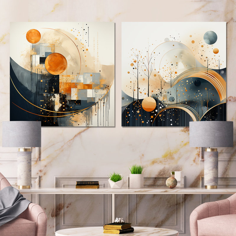 «Yellow and Black Landscape Symphony I», ensemble de 2 reproductions d'art sur toile abstraites, Toile tendue