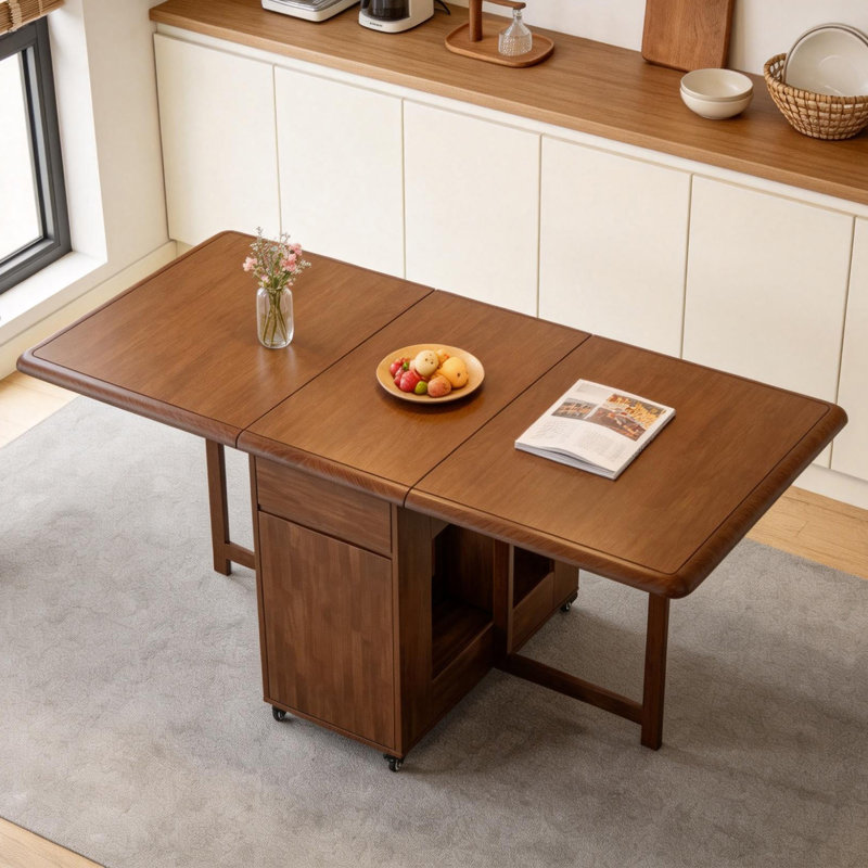 Mid-Century Solid Wood Folding Dining Set, Walnut Table With 4 Self-Storing Chairs, Casters And 2 Drawers