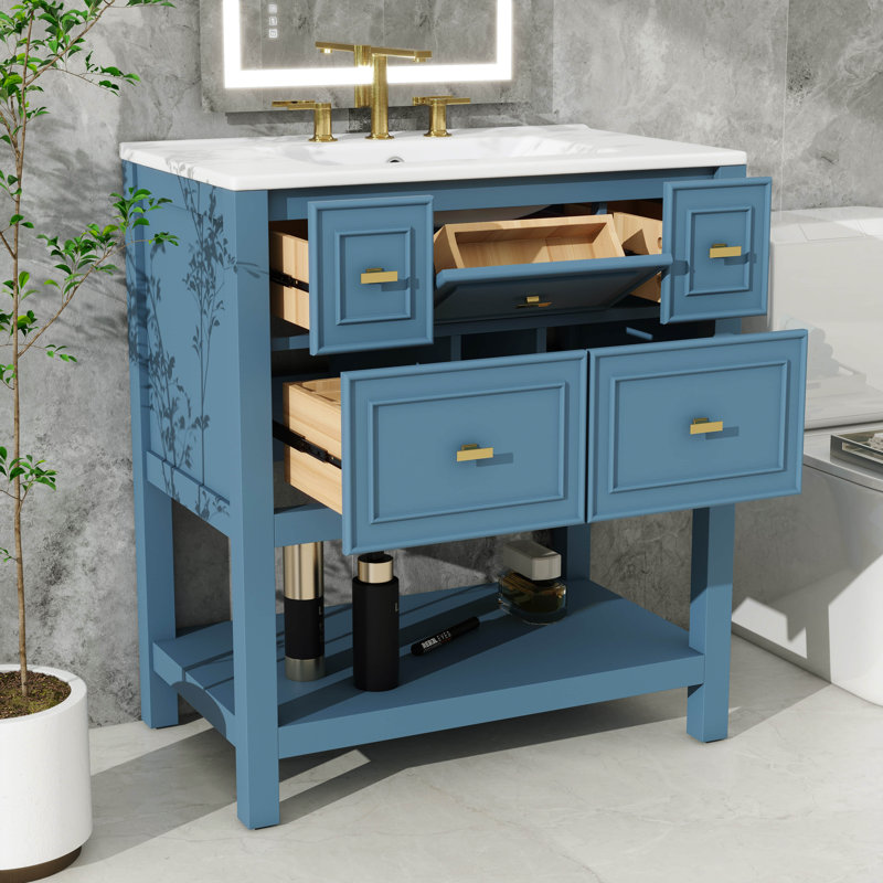 Ensemble de meuble-lavabo simple 30 po avec lavabo en céramique, armoire en bois massif, 5 tiroirs de rangement, Bleu