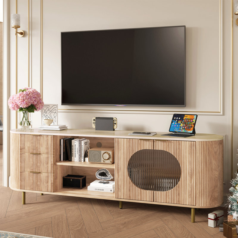 65 Inch Modern TV Stand, Fluted Media Console With Faux Marble Top, Oak
