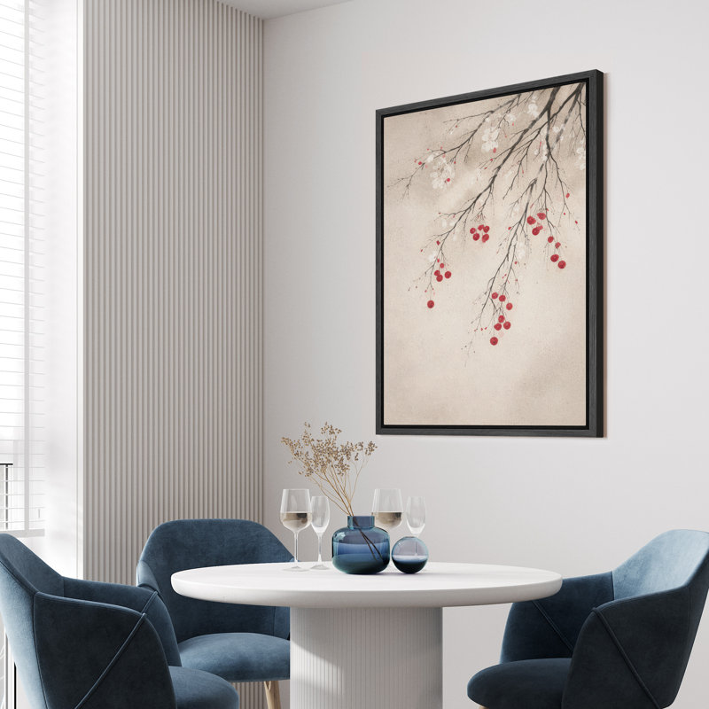 «Delicate Cherry Blossom Branch with Red Berries», reproduction d'art encadrée sur toile, H 36 po x l 24 po, Noir