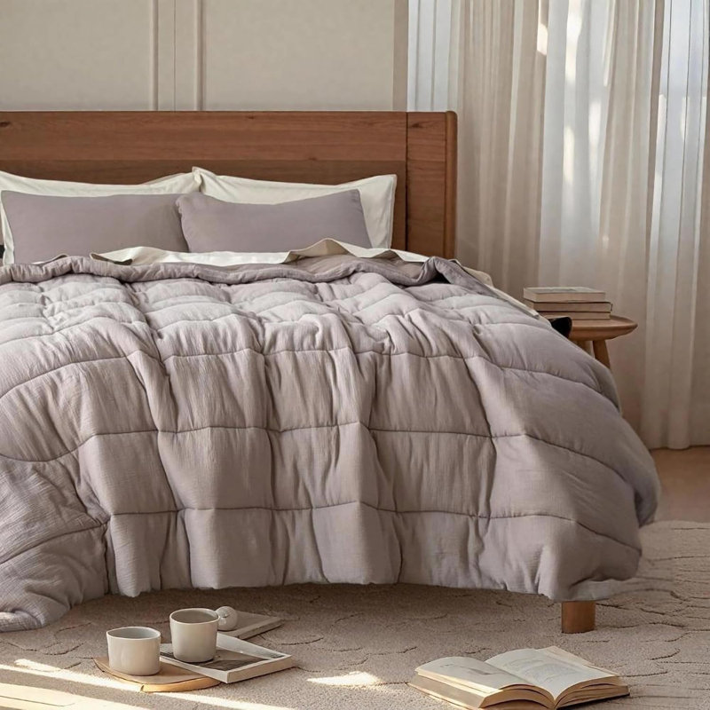 Ensemble d'édredon 100% coton mousseline, Édredon très grand + 2 taies décoratives très , Gris / Brun