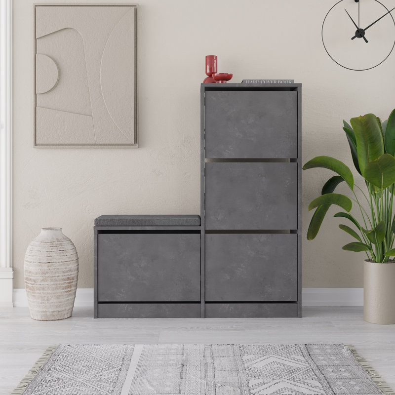 Range-chaussures moderne, gris, 41,3 po x 46,7 po x 10,2 po | 100% panneau de particules enduit de mélamine, épaisseur: 0,7 pouce | Solution de rangement élégante et fonctionnelle pour le hall d'entrée et le couloir, design industriel