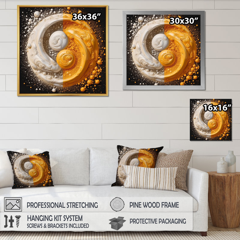 " White Yellow Yin And Yang ", 16" H x 16" W x 1" D, Gold Picture Framed