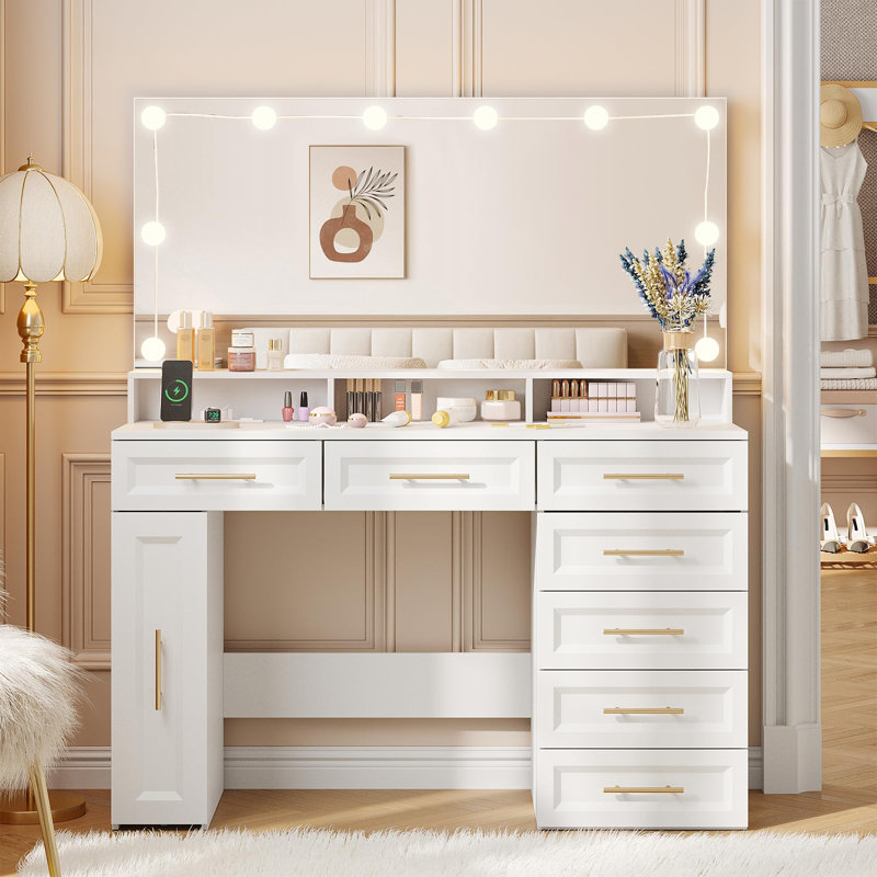 47" Large White Vanity Table With Mirror And Lights