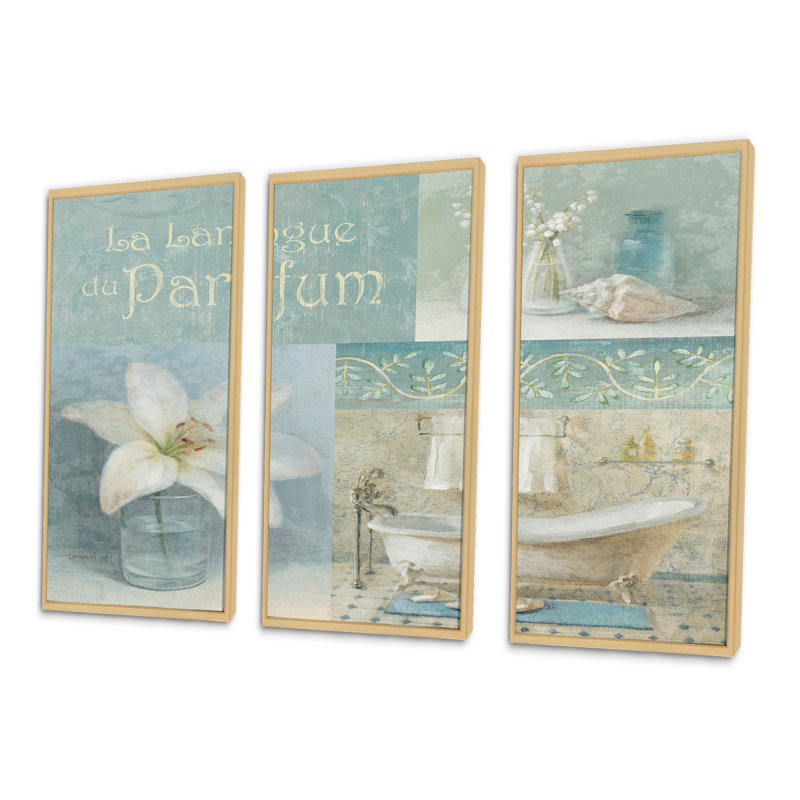 «Bathroom Lily Parfum Bath Story», ensemble de 3 toiles encadrées traditionnelles, H 28 po x l 36 po x P 1 po, Cadre doré
