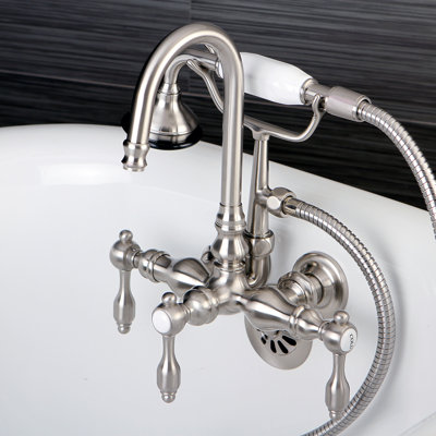 Kingston Brass Tudor Three-Handle 2-Hole Tub Wall Mount Clawfoot Tub Faucet with Hand Shower