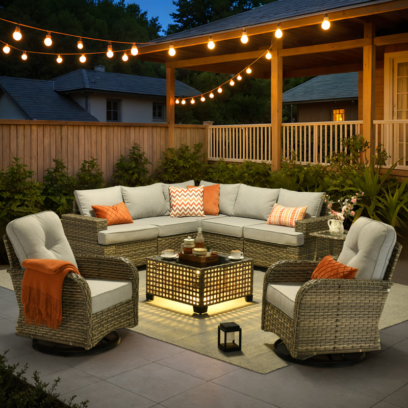 Tommy Outdoor Wicker 7 Person Seating Group With Cushions, Light Gray, No