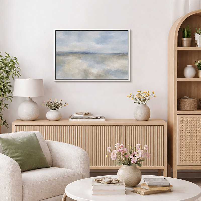 Soft Blue Beige Abstract Sky Landscape Artwork, Minimalist Living Room Pictures, Framed Canvas Giclee Print Wall Art
