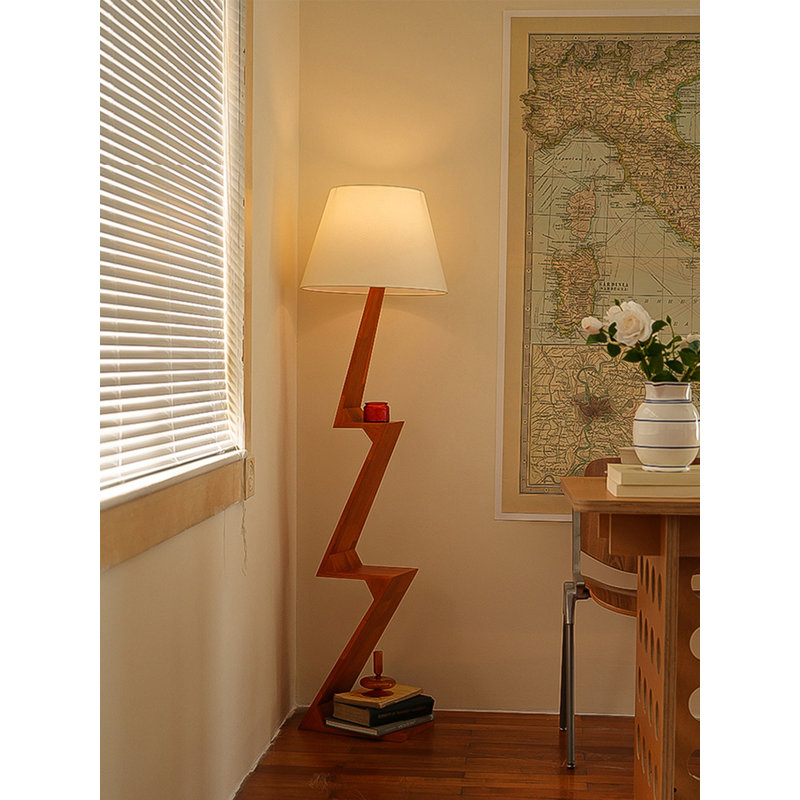 Vintage-Style Oak & Fabric Floor Lamp, Red Wood